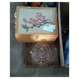 Cute sewing basket, and bonus glass dish