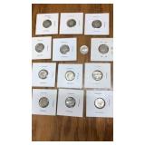 13 Mercury dimes 1924-1945 assorted years