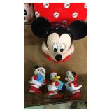 Mickey Mouse bank with box. Plus 3 ornaments