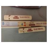 3 wood carved game & train whistles !