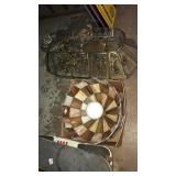 Pair of chandeliers. Brass & glass, stained g