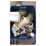 Tote of misc helmets and more