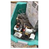 Tote of flooring tiles, misc tools hose and metal