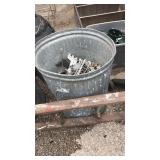 2 galvanized trash cans and a bucket full of