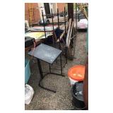 Stand, and metal shelf with 2 wooden ladders