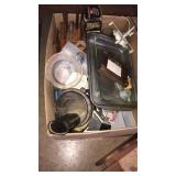 Box of kitchen goodies, shelf and clock