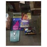 Group of records, vintage scale and group of pens