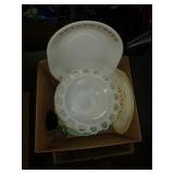 Group of pretty plates and box full of decorative