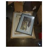 Large plastic gold mirror and pictures.