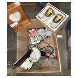 Box of Cordless Iron, Glasses, jewlery box and