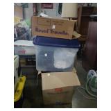 Group of 3 totes of hatbox suitcase, coke tray,