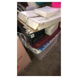 Tub with lid of sheets & linens, teapot, sewing