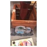 Wood crate, signs and a pitcher