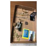 Flat of assorted watches, tokens, souvenirs etc