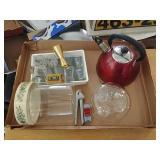 Shot glass collection + Vintage Pyrex canister,