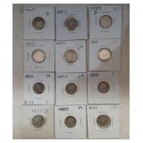 12 Mercury Dimes all different older years