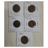 Group of 5 Coins 2 Cent Piece. 1864, 1865, 1866,