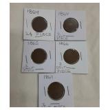 Group of 5 coins. 2 Cent Piece 1864, 1865, 1866,