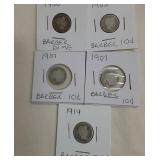 5 Barber Dimes/ 10 Cents 1900. 1905, 1907, 1914