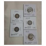 5 Barber Ten Cents 1907, 1909. 1911, 1914, 1915