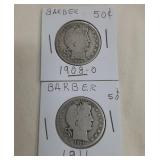 Group of 2 Barber Fifty Cent Coins 1908, 1911