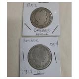 Group of 2 Barber Half Dollar Coins. 1902 &