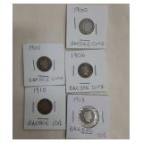 Group of Barber Dimes 1900, 1901, 1906, 1910,