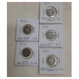 Group of 5 Barber Dimes 1905, 1913, 1914, 1915,
