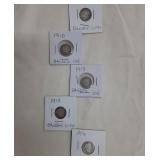 Group of 5 Barber Dimes 1906, 1910, 1813. 1914.