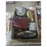 Group of vases, crock, metal box.