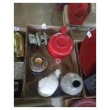 Group with red teapot, crock with lid, snail,
