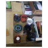 Group of misc pottery, mug, and glass tealight