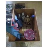 Pet care items, wood shelf, candle