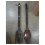 Large dark wood fork and spoon set. Measures