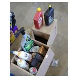 Group of maintenance liquids, and tarps.   Bug