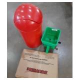 Group of 3 . Red Trash Can., Seed Spreader &