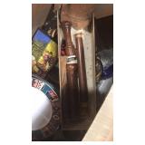 Wooden recorder box of misc pans, plates,