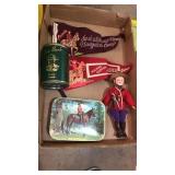 Canadian lot. 2 mini banners, doll, bank, tin