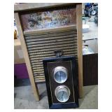 Vintage washboard, and a barometer.
