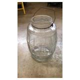 Duraglas glass barrel jar with wire handle,