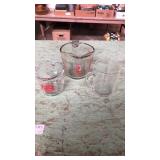 3 Anchor Hocking measuring cups. 2 cups, 1 cup, 1