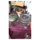 3 jars. Eugene Vallens glass humidor with metal
