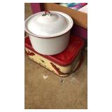 Enamel ware pot with lid and large metal picnic