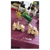 3 handmade toy vehicles. Green tractor made of