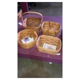 4 small Longaberger baskets, one liner, all with