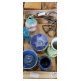 Flat with signed pottery, painted vase and more