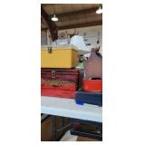 2 sewing boxes and 3 small sewing boxes