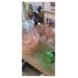 Group of pink depression glass. Cracker jar,