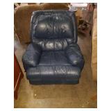 Blue recliner. Might be leather. 40x42x39.
