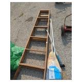 Wooden step ladder, broom